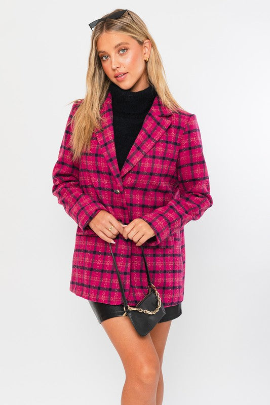 Single Button Plaid Blazer Coat