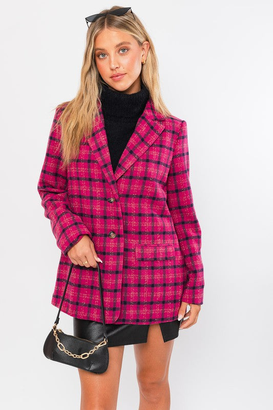 Single Button Plaid Blazer Coat