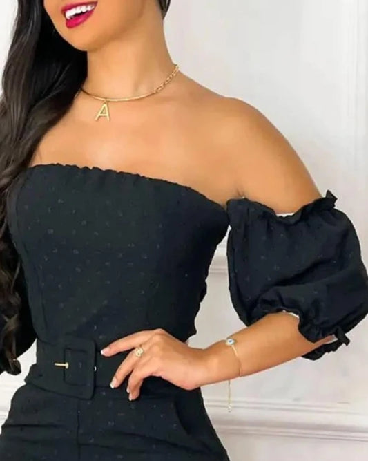 Off the Shoulder Short Sleeved Solid Romper