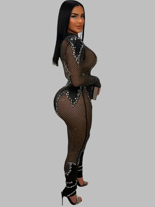 Luxury Rhinestone Skinny Mesh Black Jumpsuit